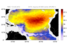Sea surface salinity, August 15, 2012