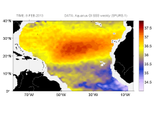 Sea surface salinity, February 8, 2013