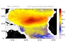 Sea surface salinity, April 12, 2013