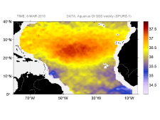 Sea surface salinity, March 8, 2015